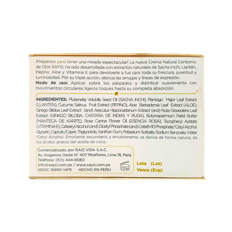 Crema Natural Contorno de Ojos (Sacha Inchi, Pepinillo & Aloe) x 15g - Tikafarma