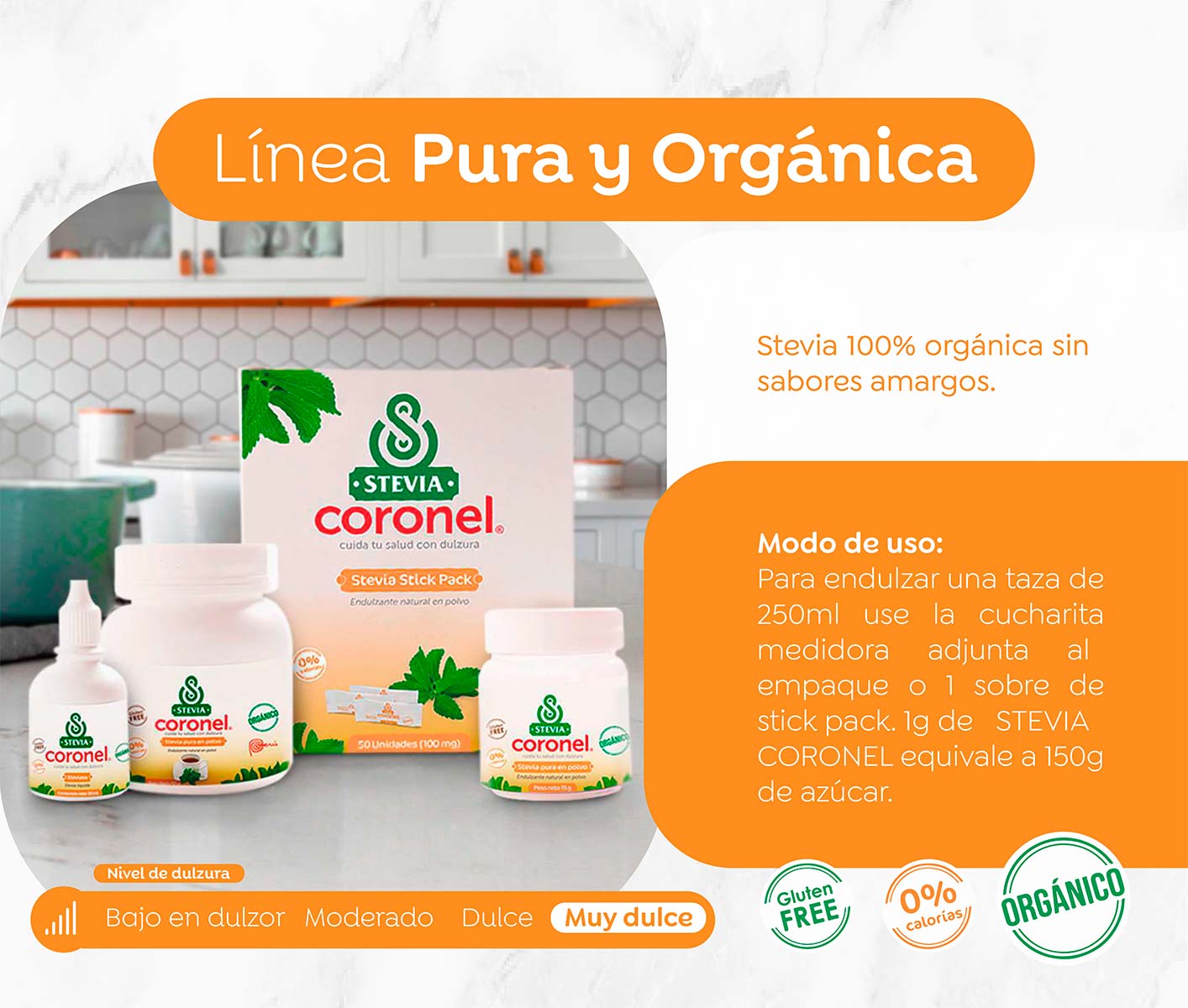 Stevia Coronel Pura y Orgánica en polvo - Stick Pack x 500u